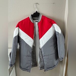 SHEIN Red, White, and Gray Bomber Jacket